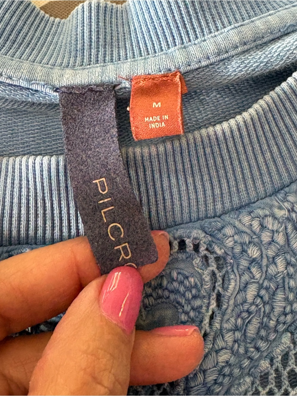 ANTHROPOLOGIE PILCRO Washed Light Blue Eyelet Sleeves Lace Pullover Sweatshirt - Picture 5 of 10
